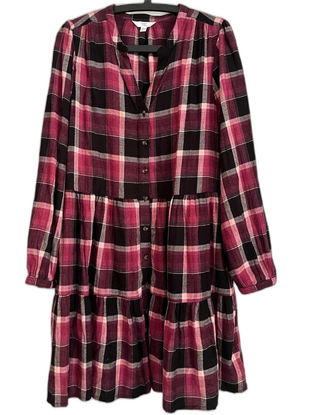 Time and Tru Tiered Shirt Dress XL Plaid Berry Quartz Cozy Cowgirl Whimsigoth